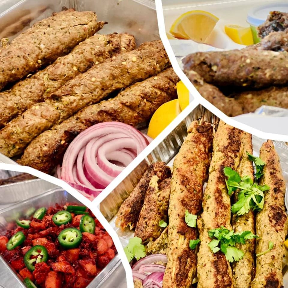 A collage of Khan's Kitchen's Indian dishes, including seekh kebabs, red onions, and a spicy red salad.