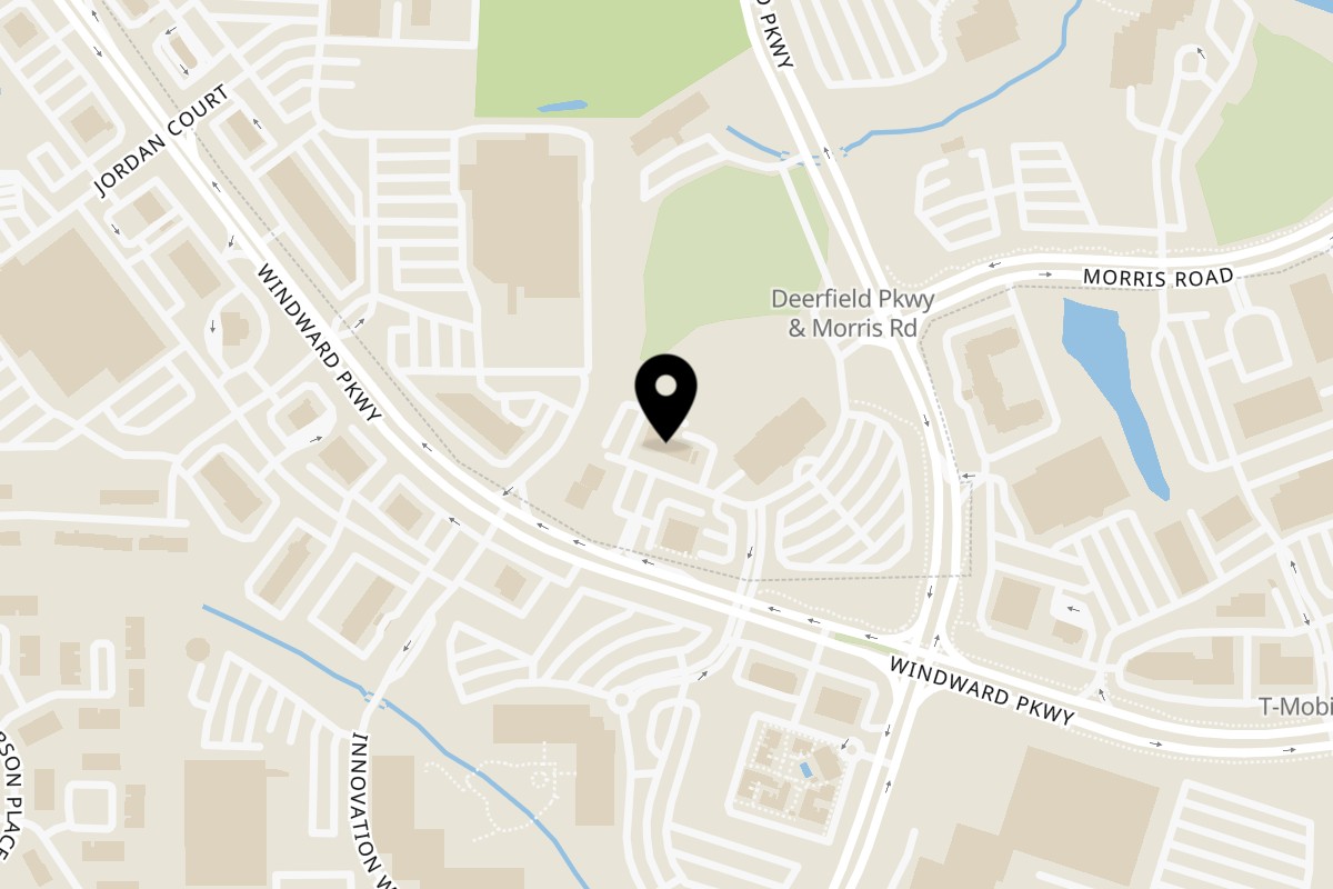 Map showing the location of Khan's Kitchen on 5310 Windward Pkwy suite d in Alpharetta